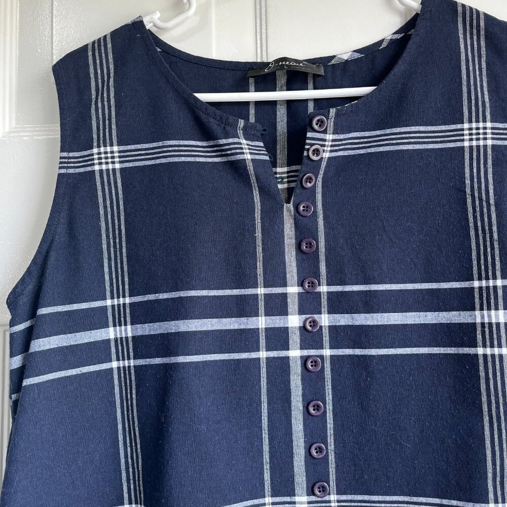 Navy Blue and White Plaid 100% Cotton Cottagecore Tank Midi Dress Size Large - Picture 2 of 8